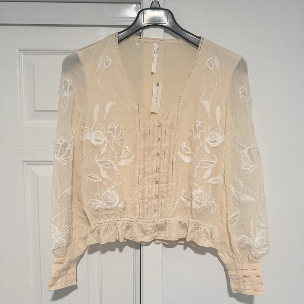 Anthropologie Top Women’s Embroidered Floral Button Down Creme Sz S NWT - Picture 1 of 11